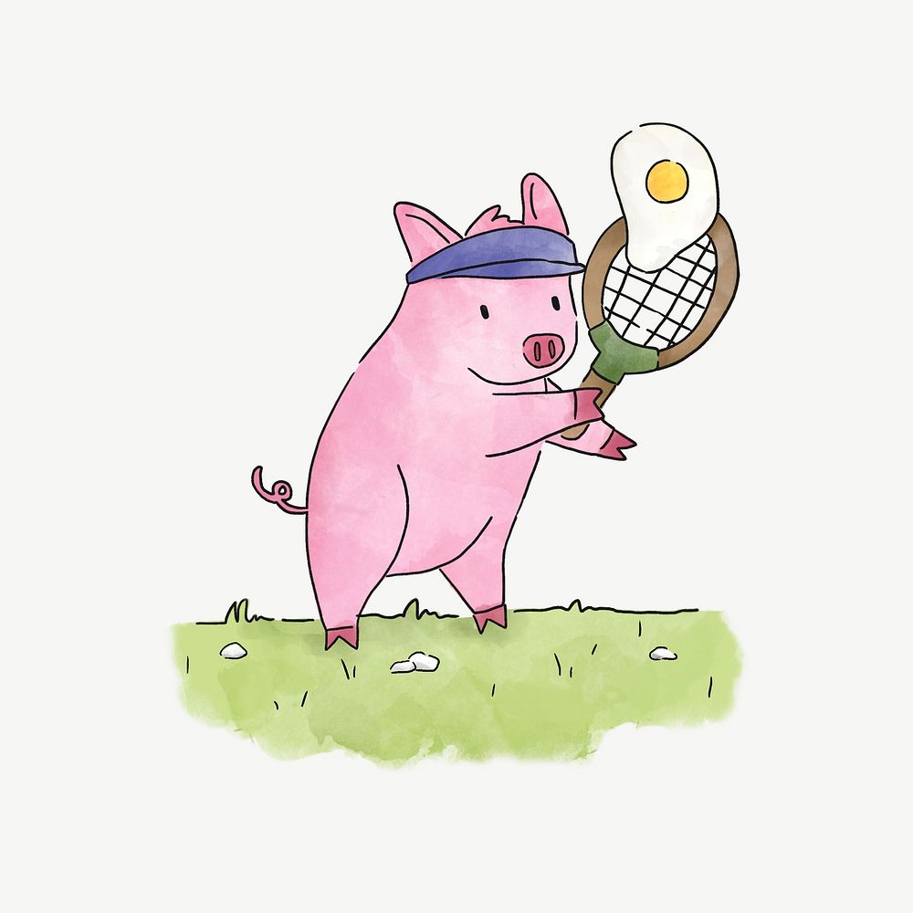 Pig playing tennis with a fried egg, illustration collage element psd