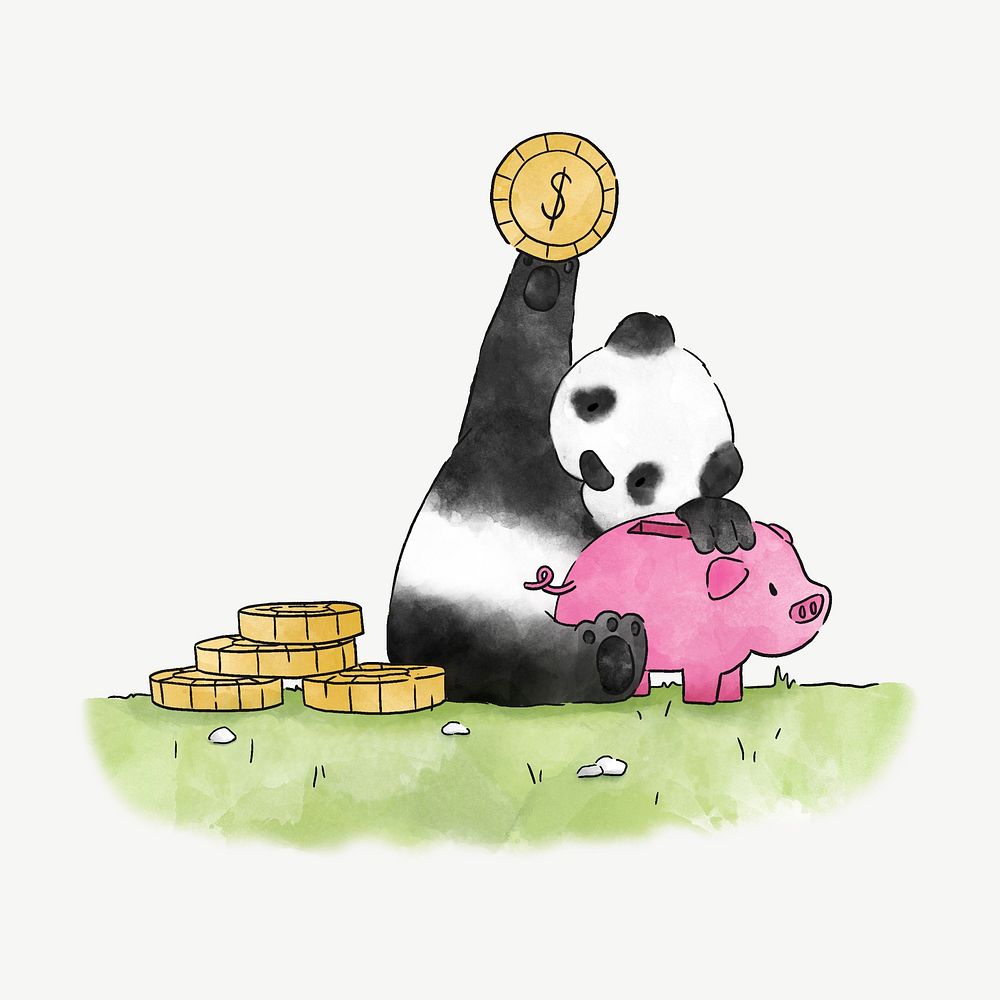 Panda saving money, illustration collage element psd