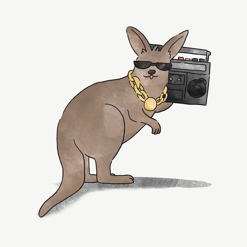 Kangaroo listening to hip hop, illustration collage element psd
