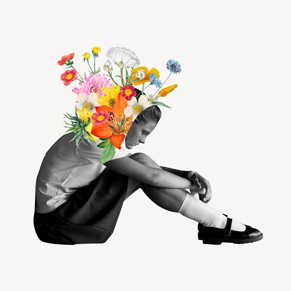 Student's mental health, surreal flower remix psd