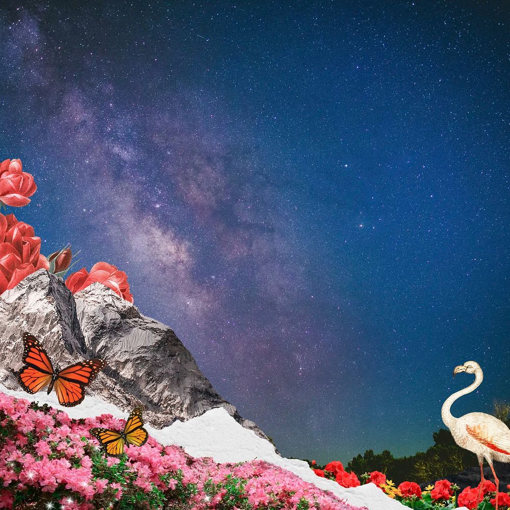 Aesthetic starry sky background, mountains border remix