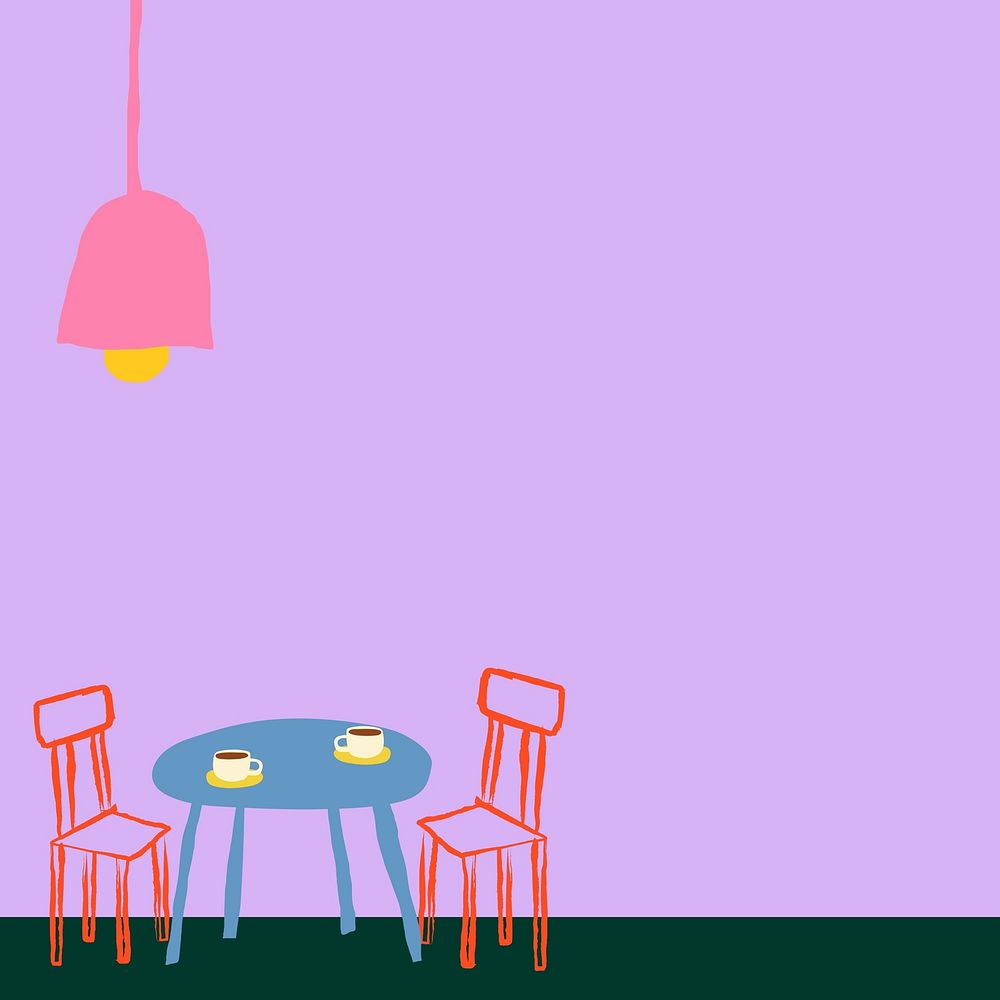 Aesthetic dining corner purple background, furniture doodle border, instagram post