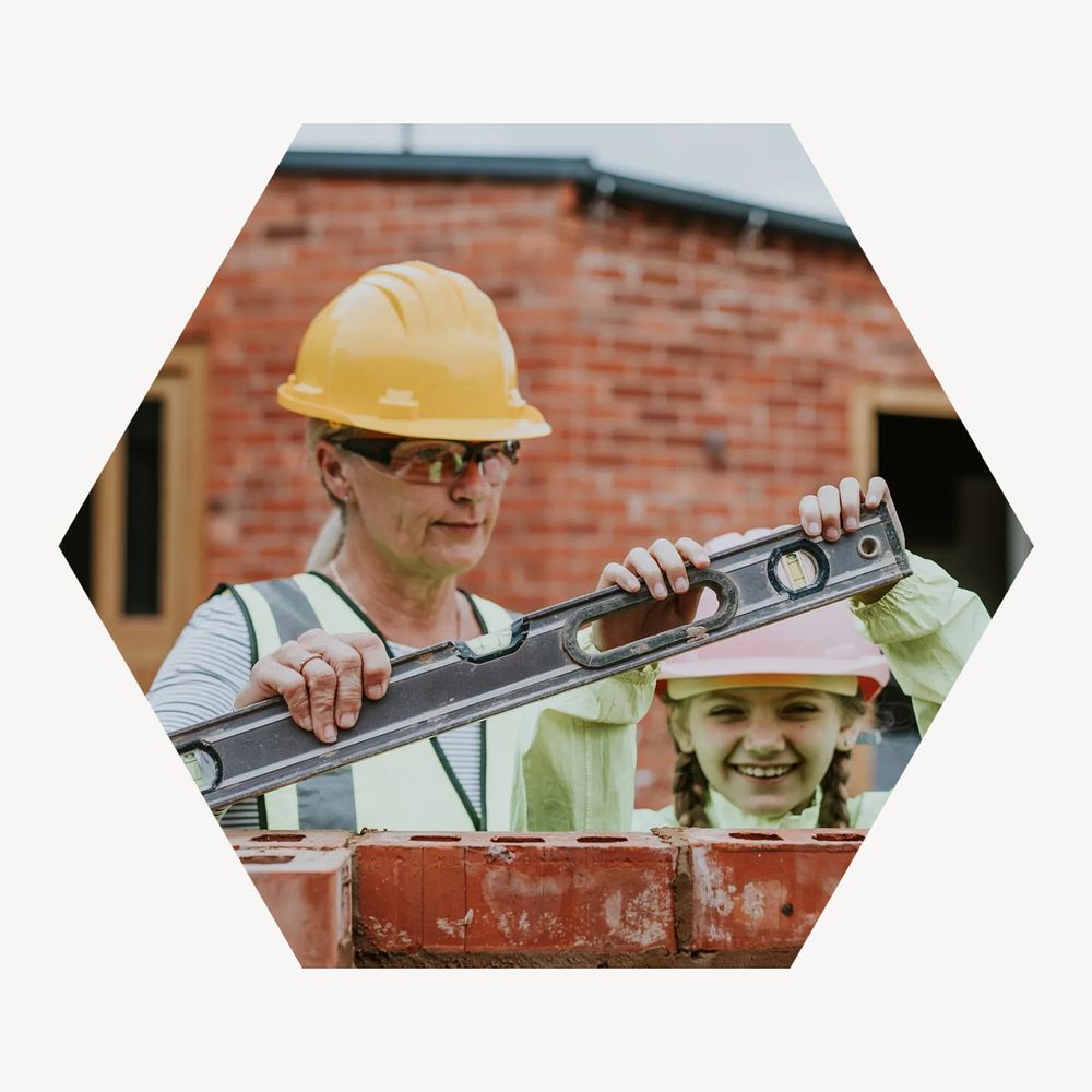 Contractor mother teaching daughter hexagonal shaped badge