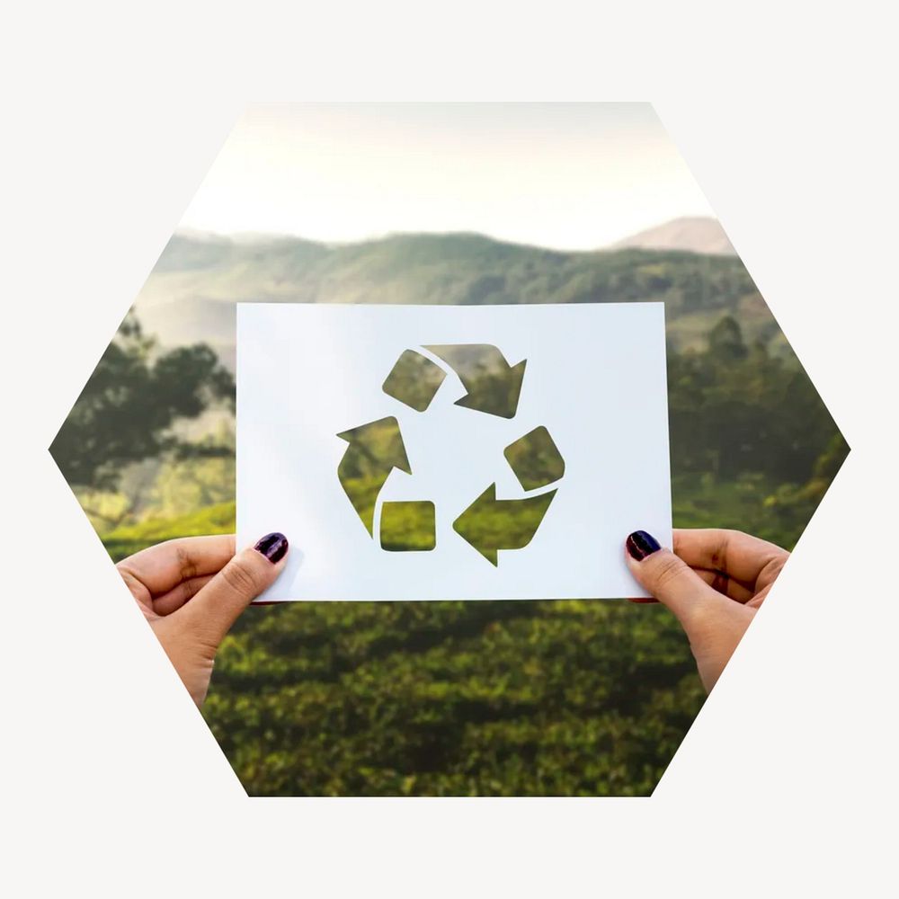 Recycling promotion sign hexagonal shaped badge