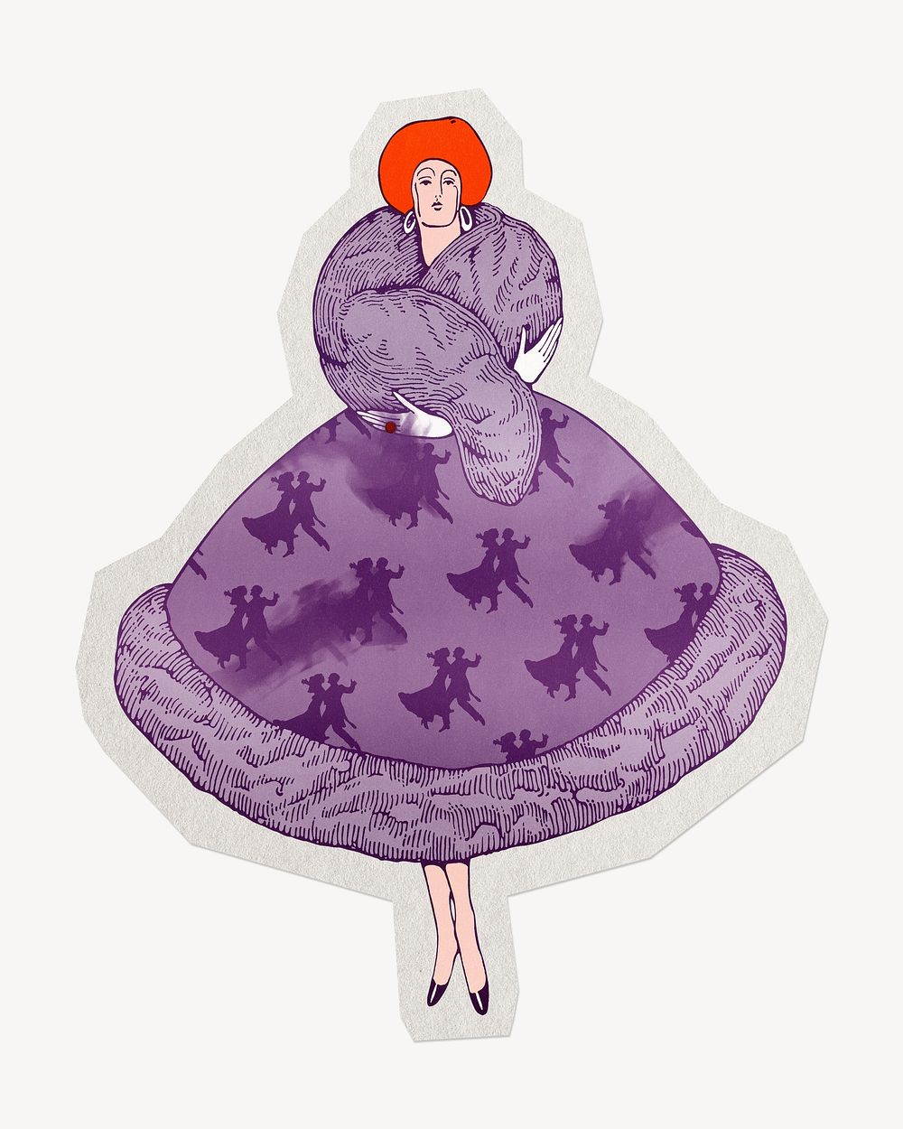 Vintage woman purple ball gown dress paper element with white border 
