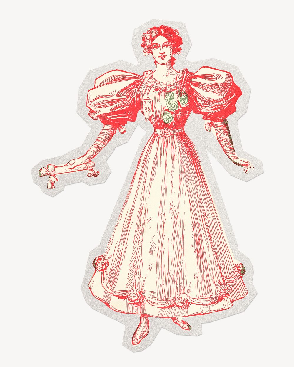 Vintage woman character drawing paper element with white border