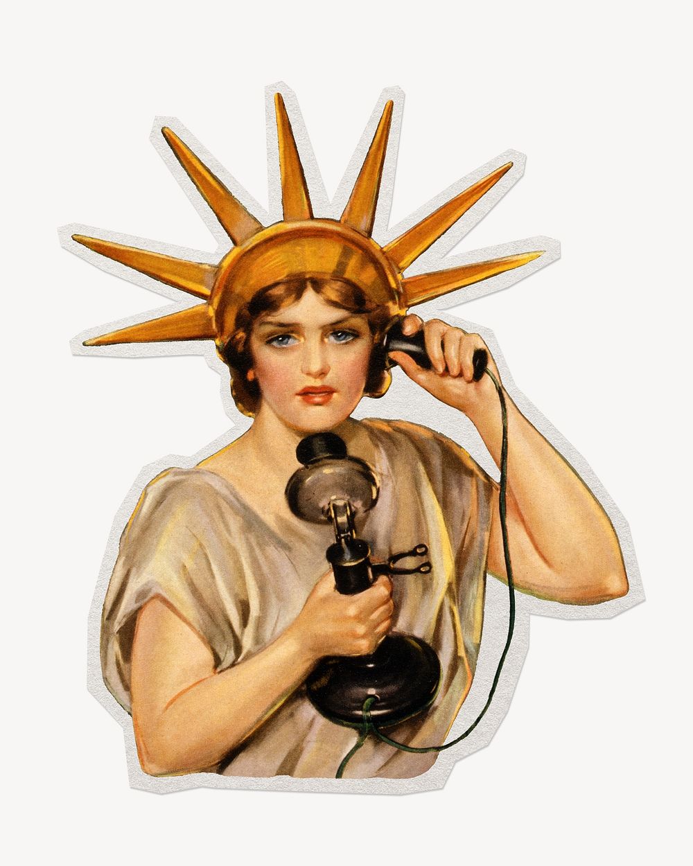 Statue of Liberty making a call paper element with white border 