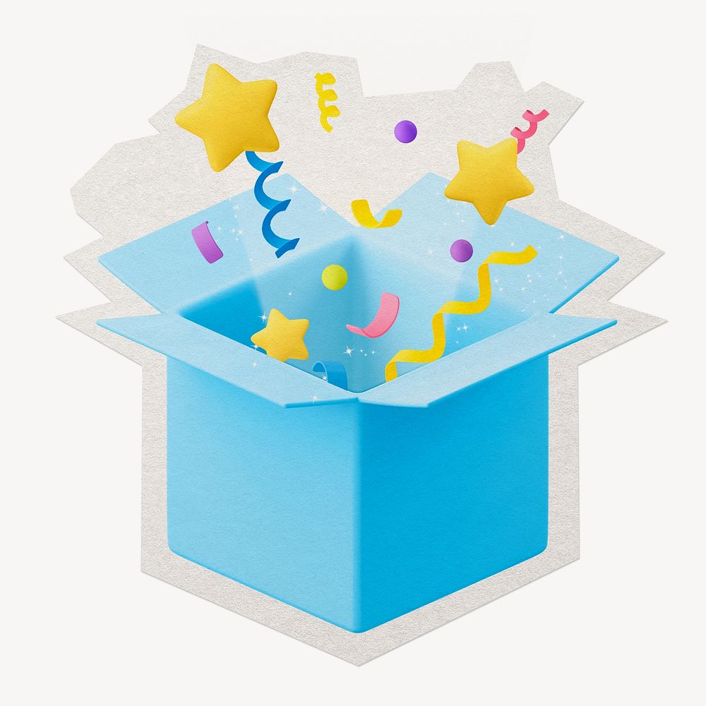 3D confetti open box paper element with white border, gift