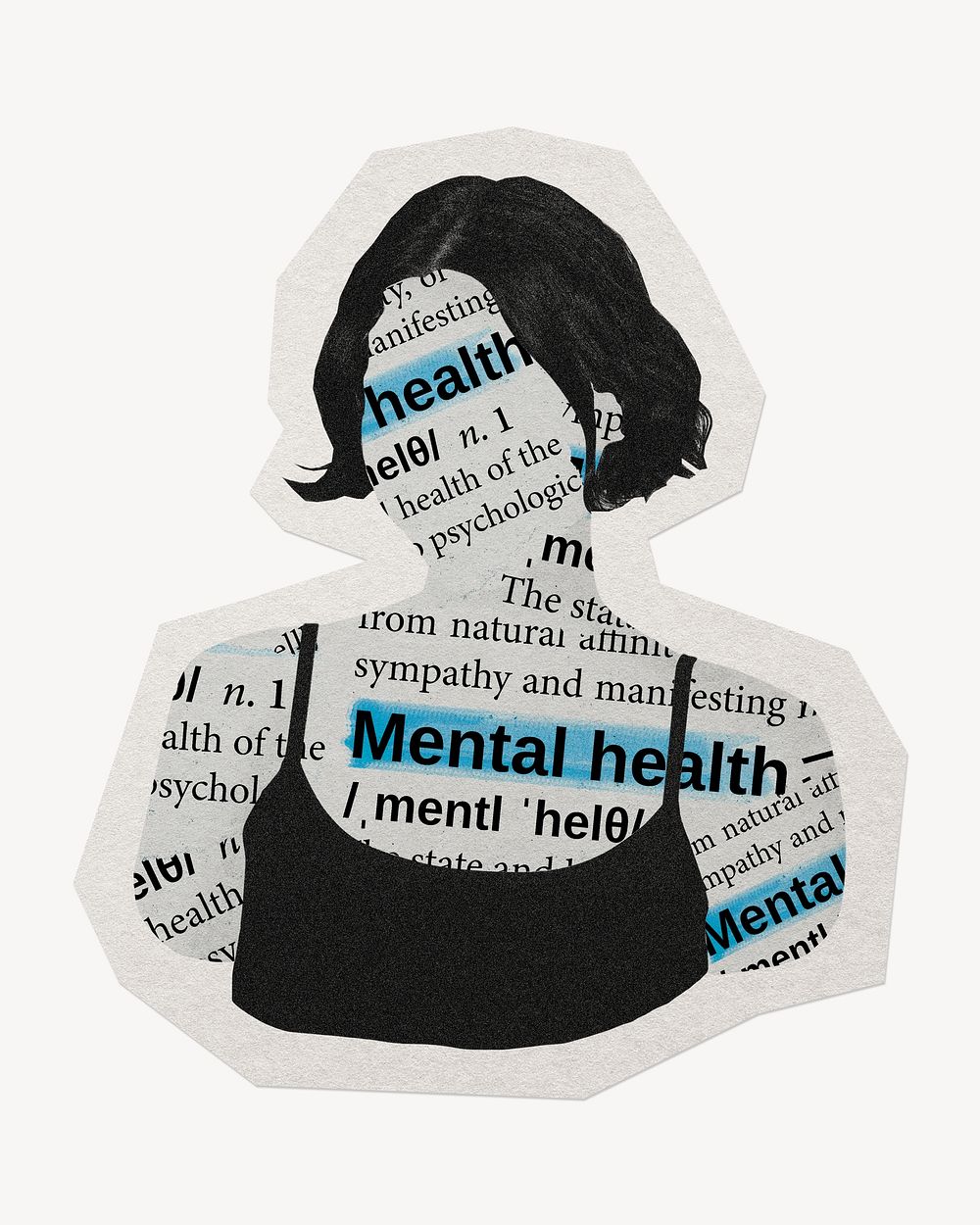 Mental health woman newspaper collage paper element with white border