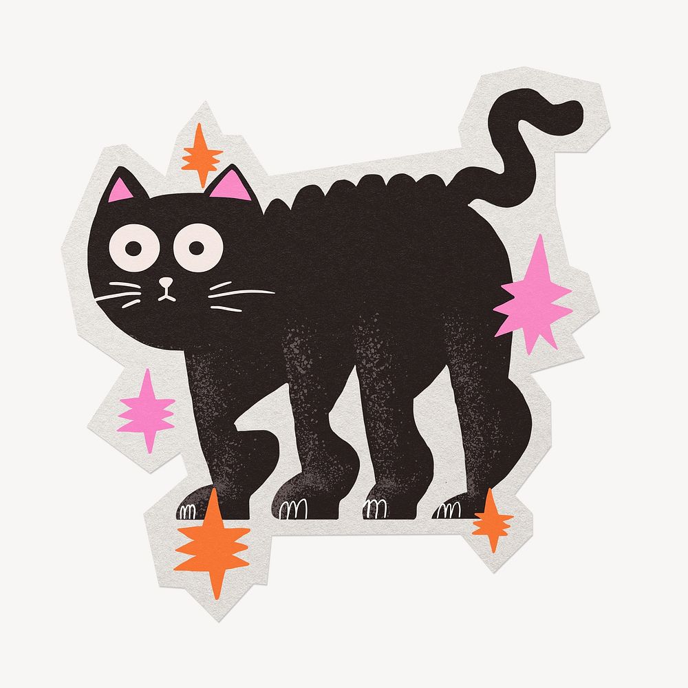 Cartoon black cat Halloween paper element with white border