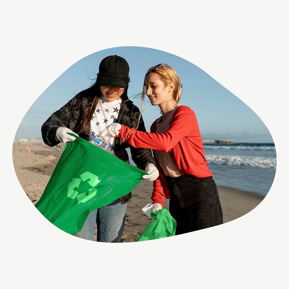 Trash pick up volunteering at the beach mockup in round badge psd