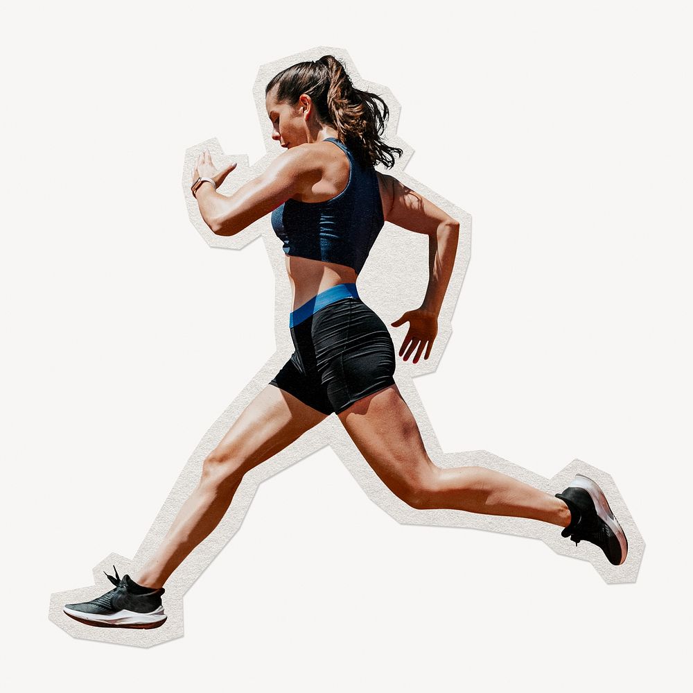Woman athlete running paper element with white border
