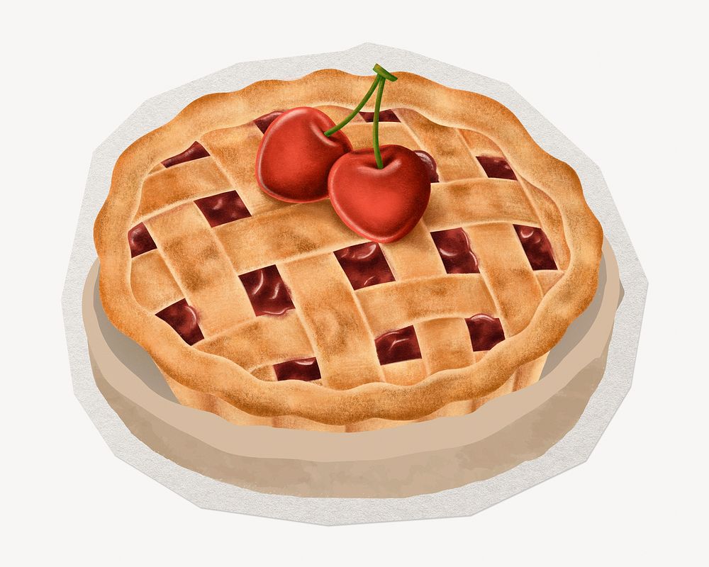 Cherry pie  paper element with white border, realistic illustration