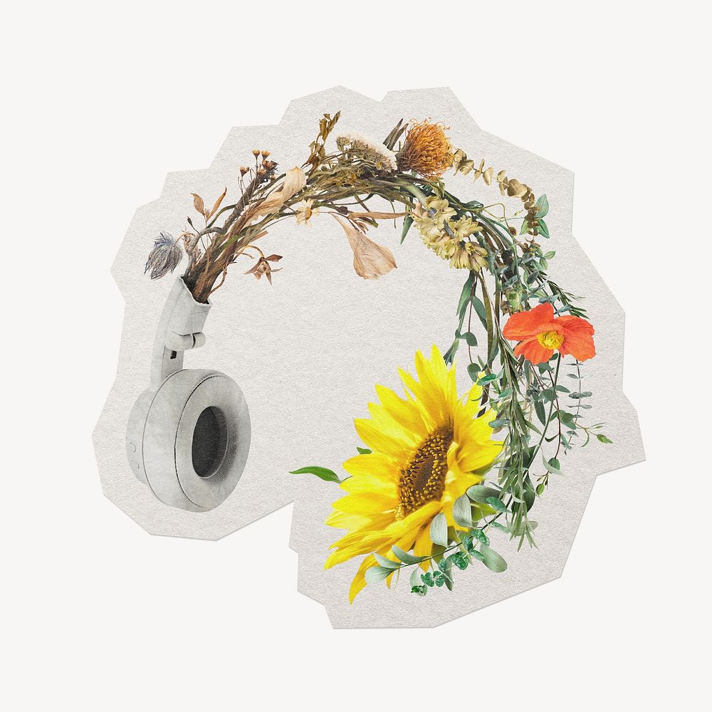 Blooming flower headphones paper element with white border