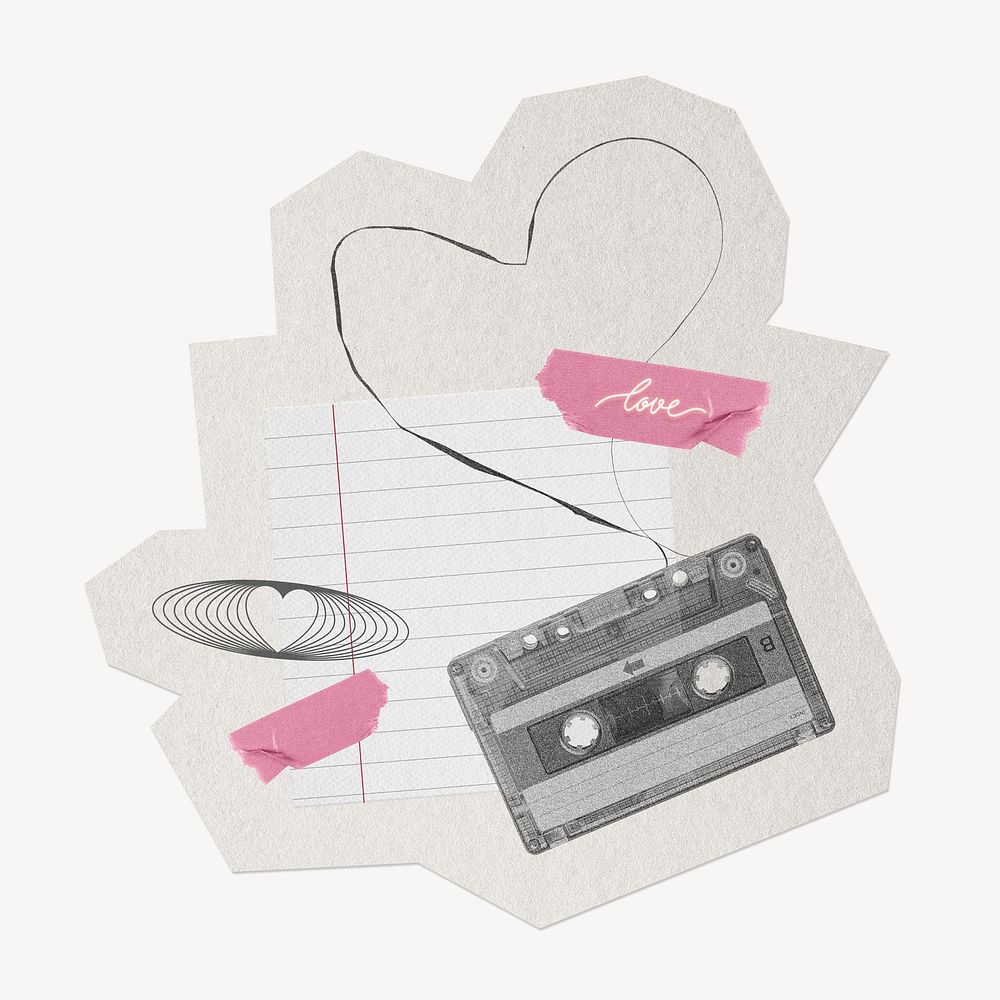 Love cassette tape Valentine's Day paper element with white border