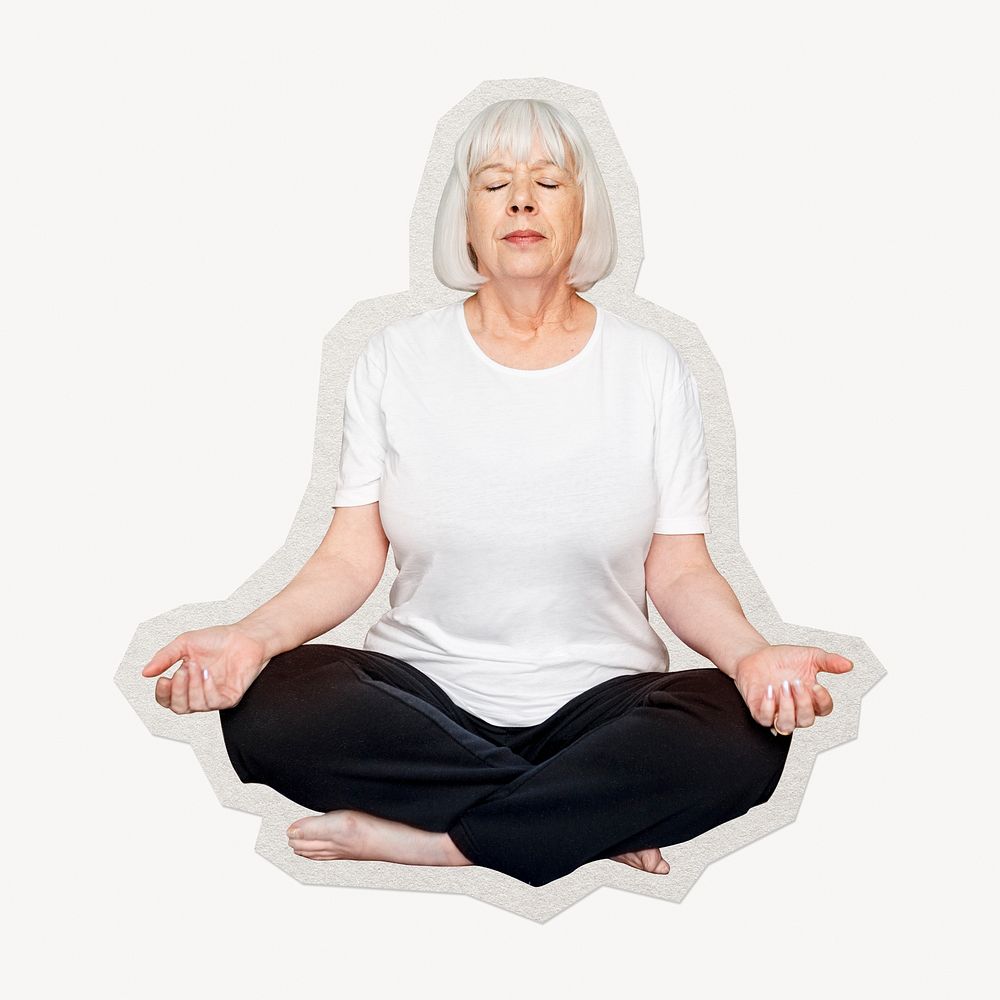 Senior woman meditating paper element with white border