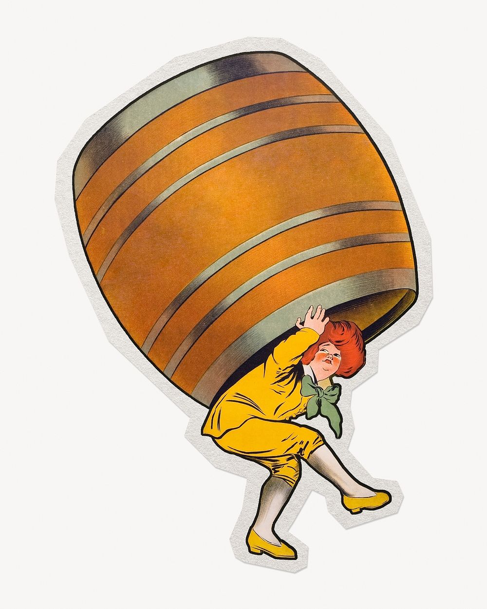 Boy carrying alcohol barrel paper element with white border 