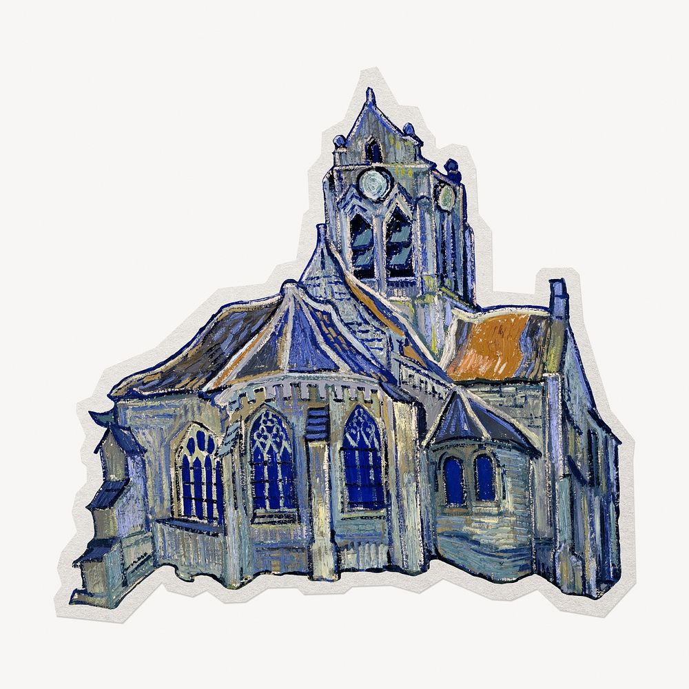 The church Van Gogh-inspired paper element with white border, artwork, artwork remixed by rawpixel.