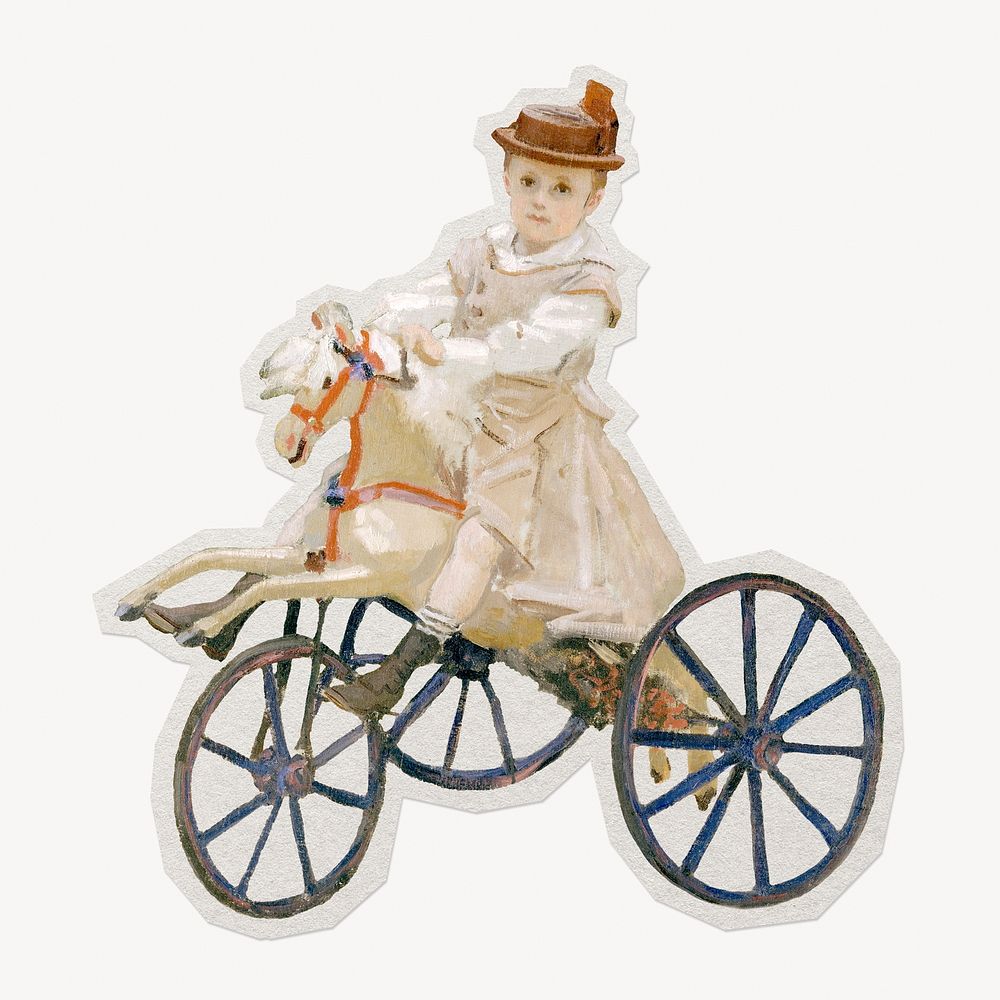 Monet's Boy riding on pony tricycle paper element with white border 