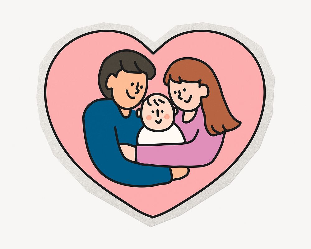 Family heart parents and baby paper element with white border