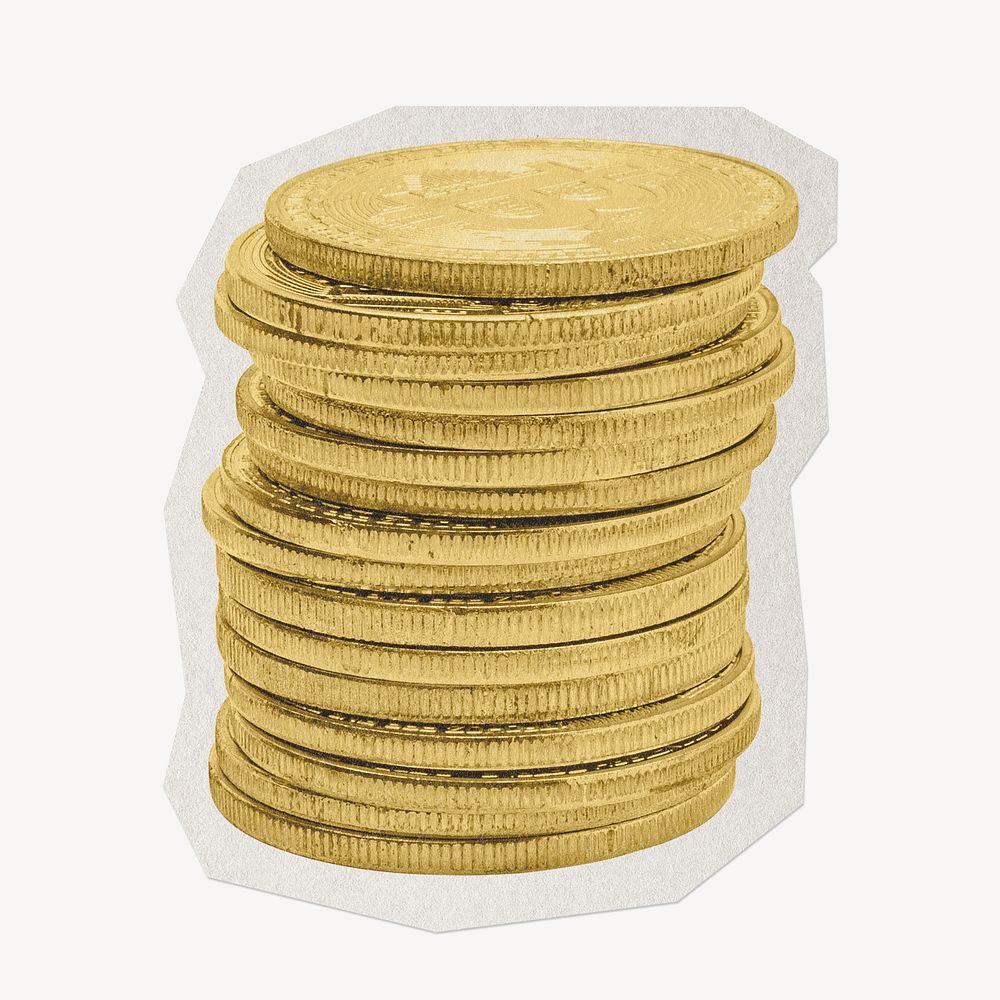 Stack of golden bitcoins paper cut isolated design