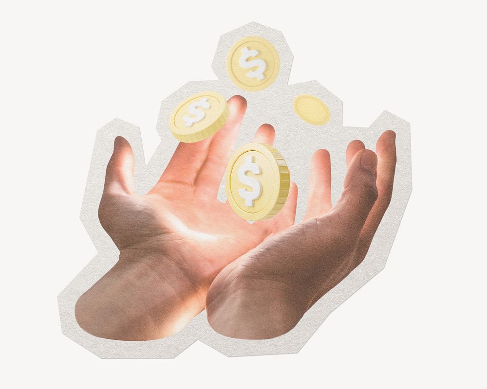 Hand holding coins paper cut isolated design