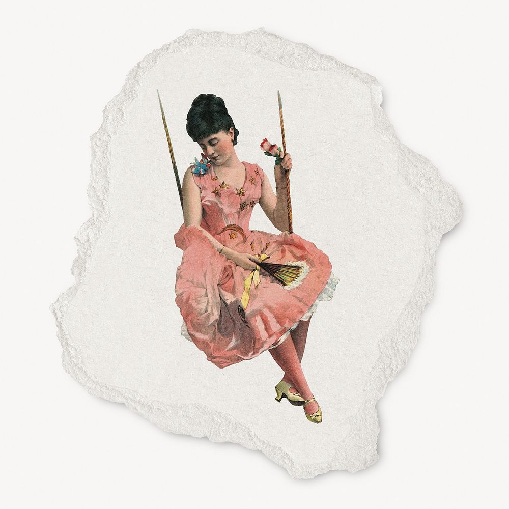 Vintage woman on swing  illustration, ripped paper. Remixed by rawpixel.