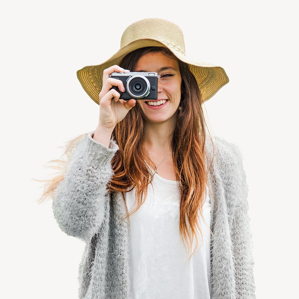 Woman with camera isolated image