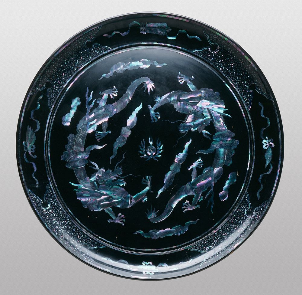 Circular Tray with Two Dragons Chasing a Flaming Pearl