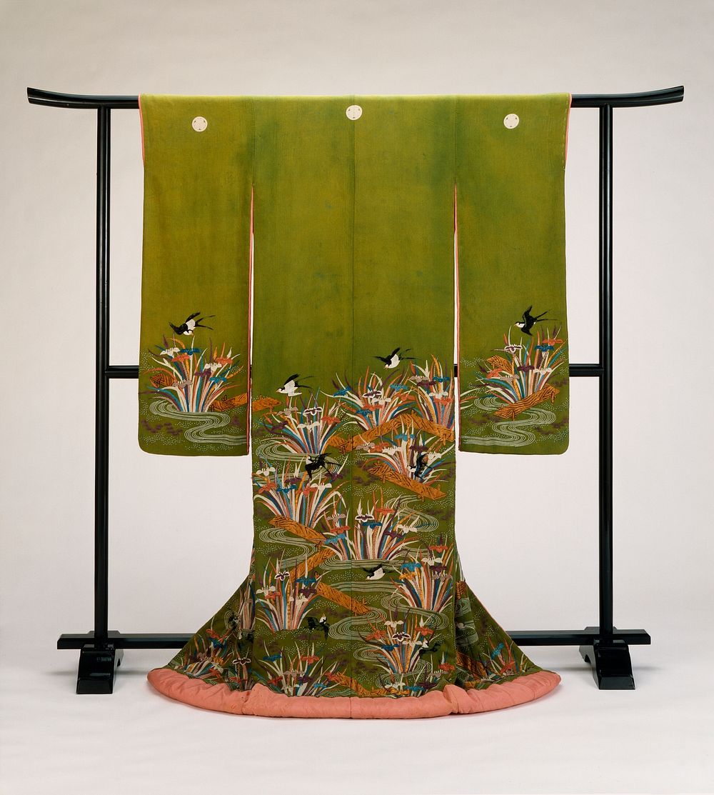 Woman’s Outer Kimono (Uchikake) with Plank Bridges, Irises, and Swallows