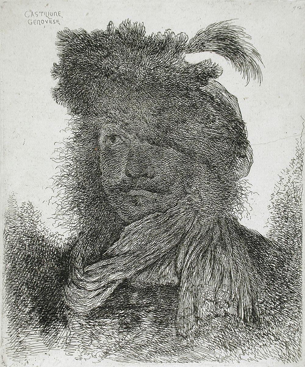Man Wearing a Plumed Fur Cap and a Scarf by Giovanni Benedetto Castiglione