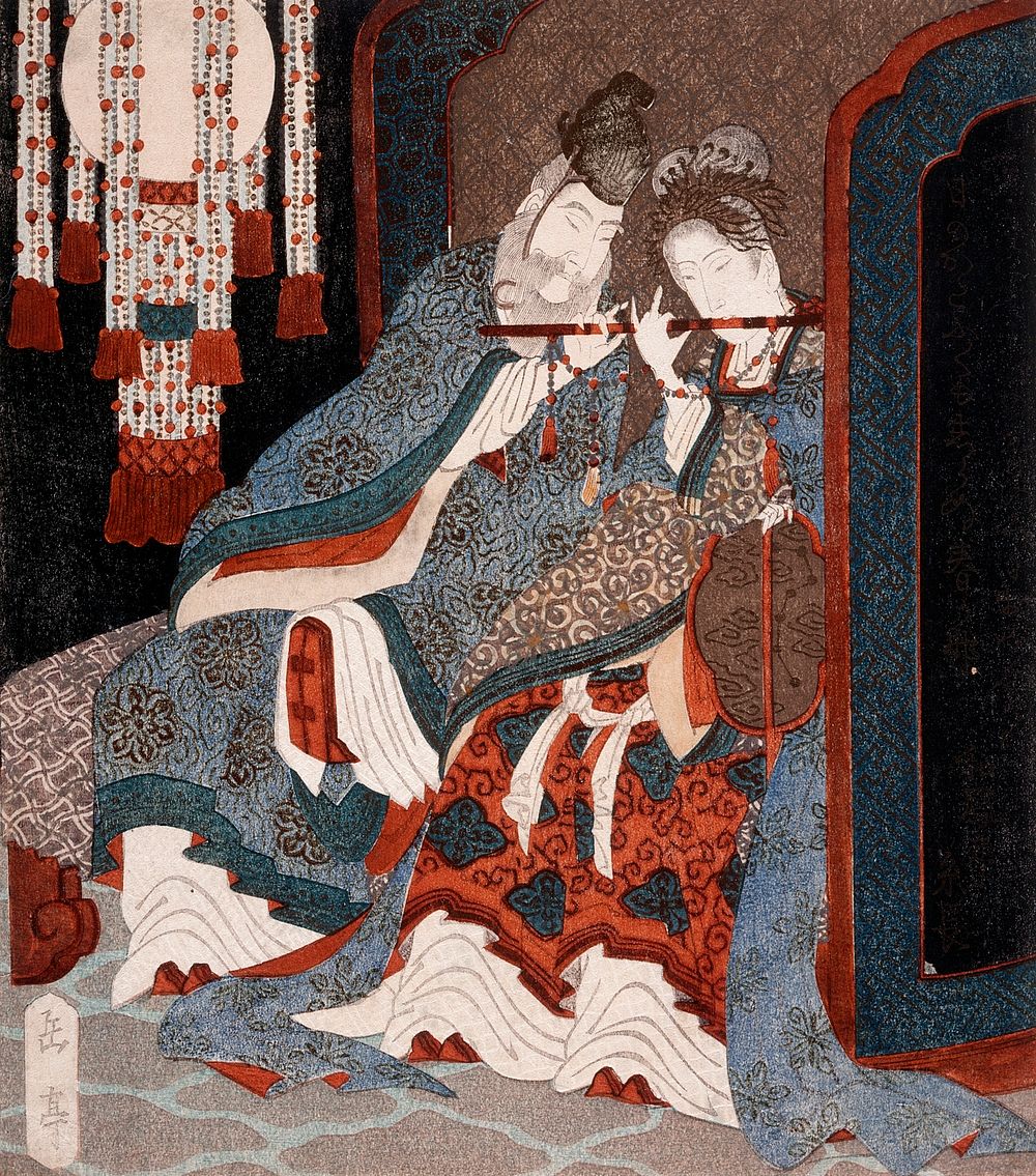 Emperor Ming Huang and Yang Guifei Playing a Flute Together by Yashima Gakutei
