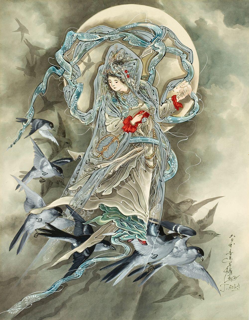 Woman with Birds by Toshio Aoki