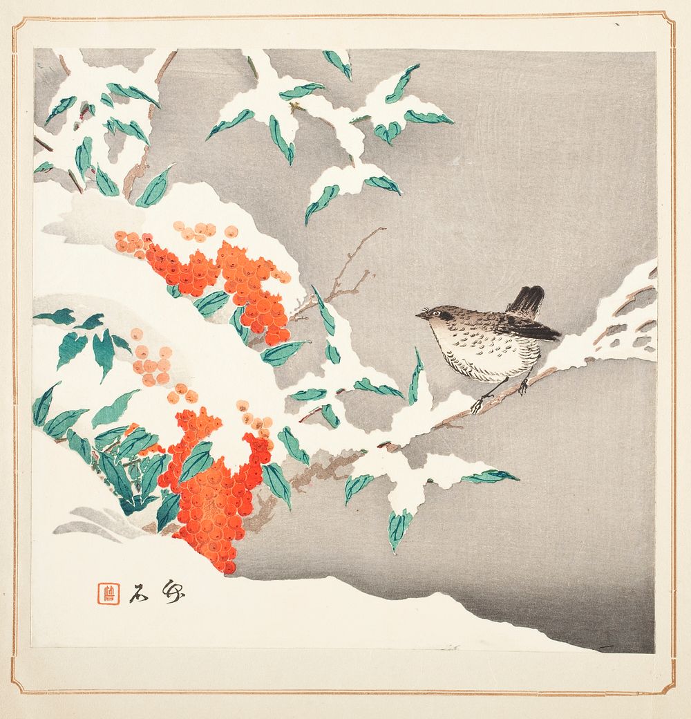Snow-Covered Nandina and Winter Sparrow by After Nagamachi Chikuseki