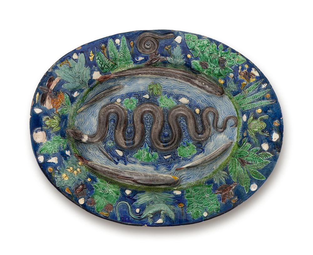 Large Oval Rustic Dish with Fish and Reptiles by Palissy  Bernard