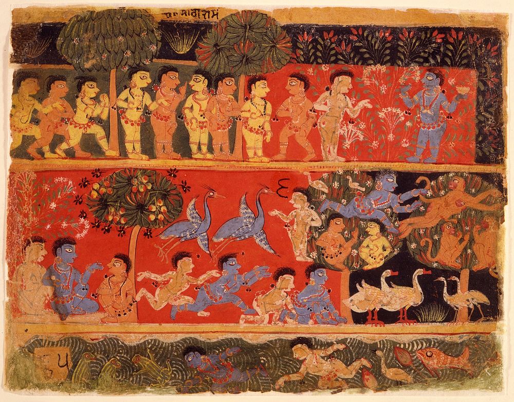 Krishna and Balarama Play with Gopas, Folio from a Bhagavata Purana (Ancient Stories of the Lord) (recto), Text (verso)