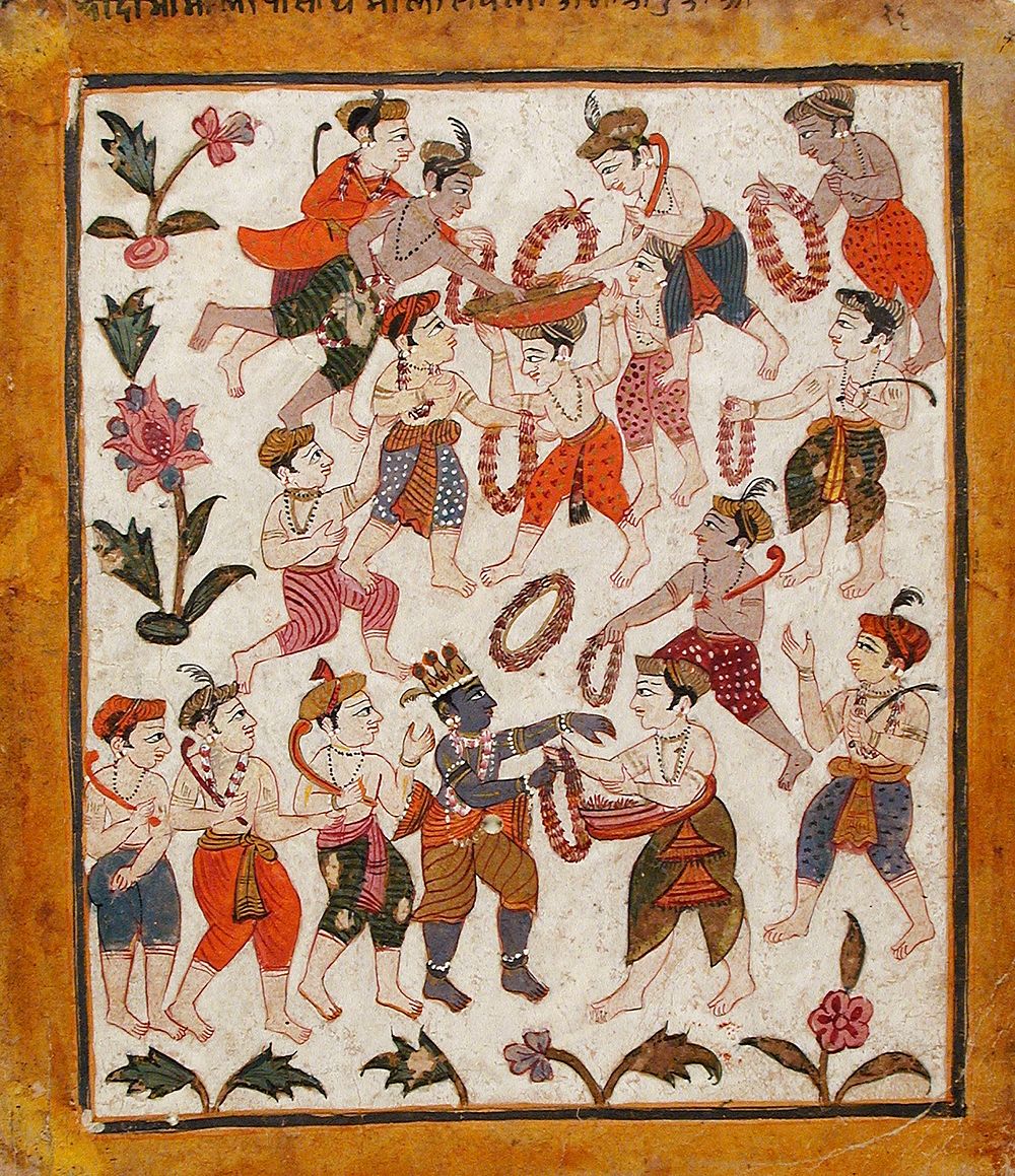 Krishna and the Cowherds Receiving Garlands in Mathura, Folio from the "Tularam"  Bhagavata Purana (Ancient Stories of the…