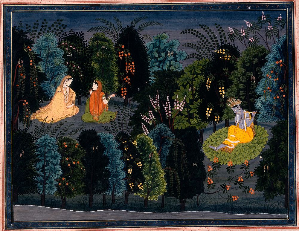 Companion Persuading Radha as Krishna Flutes, Folio from the "Lambagraon" Gita Govinda (Song of the Cowherd)