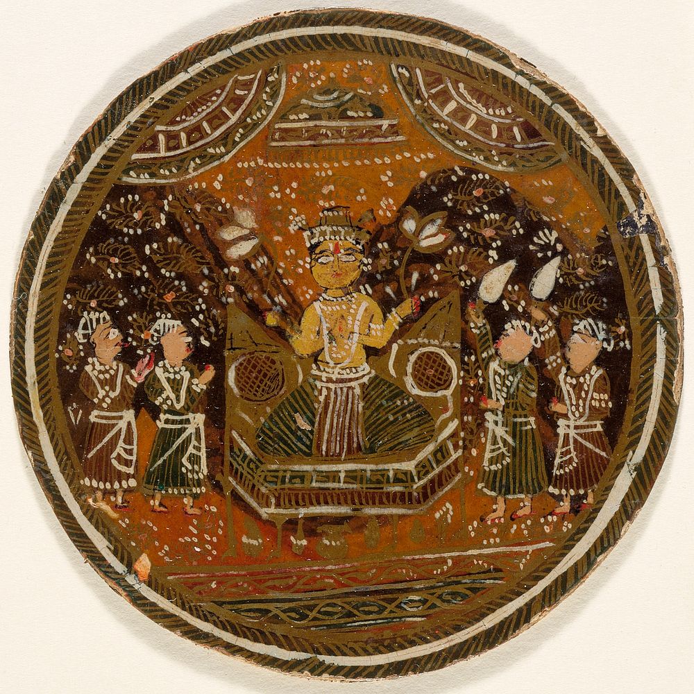 Enthroned and Crowned Buddha Holding Lotuses, King of the Buddha Suit, Playing Card from a Dashavatara (Ten Avatars) Ganjifa…