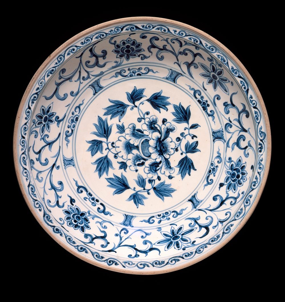 Large Dish with Peony Spray, Floral Scrolls, and Lotus Petals