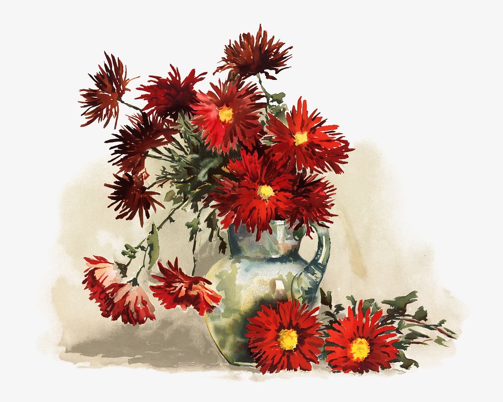 Chrysanthemums, red flower vase illustration by Louise Blogett Field. Remixed by rawpixel.