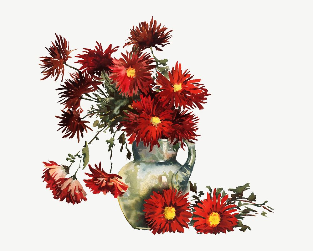 Chrysanthemums, red flower vase illustration by Louise Blogett Field psd. Remixed by rawpixel.