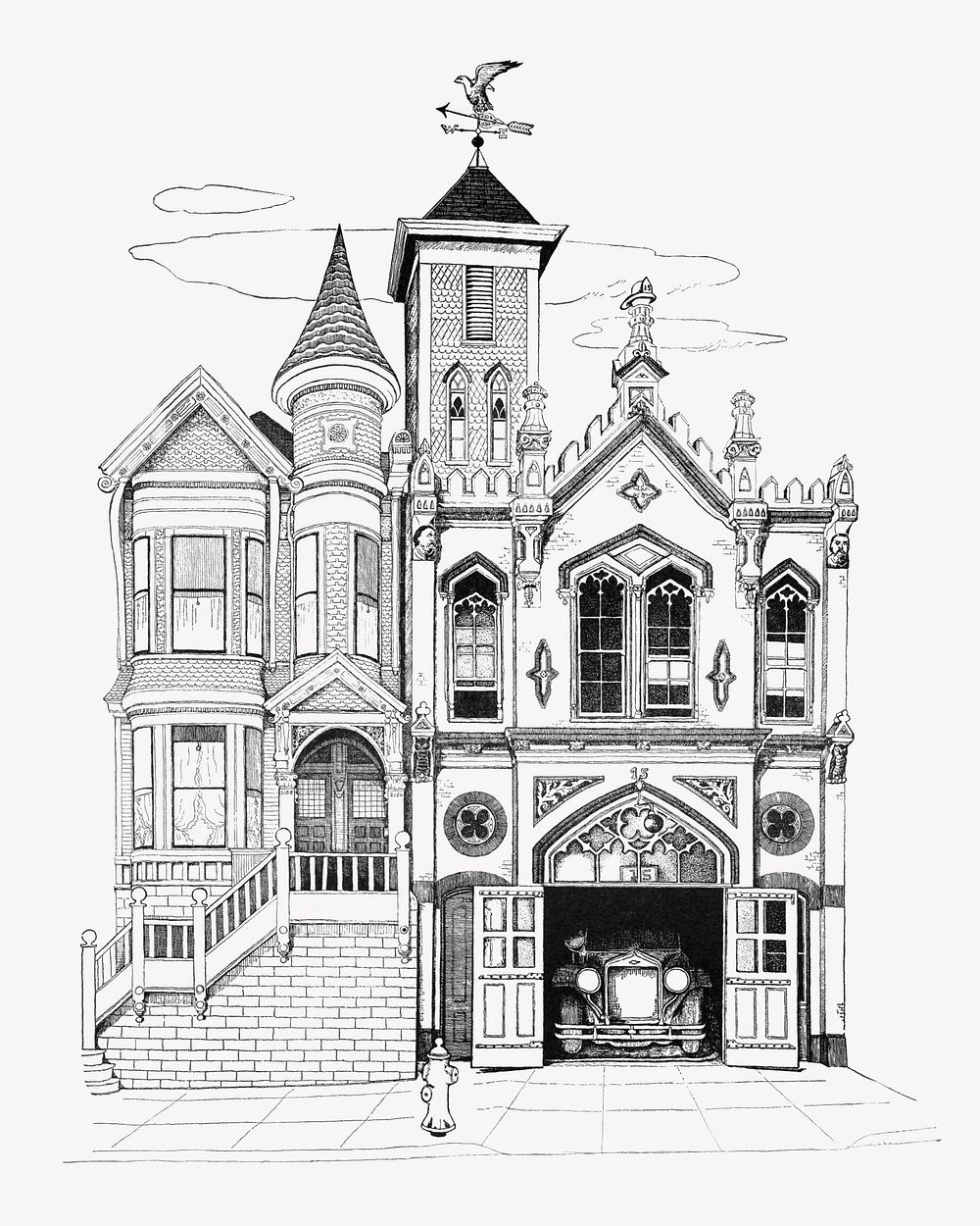 California street firehouse, vintage building illustration. Remixed by rawpixel.