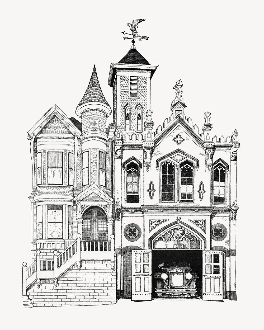 California street firehouse, vintage building illustration. Remixed by rawpixel.