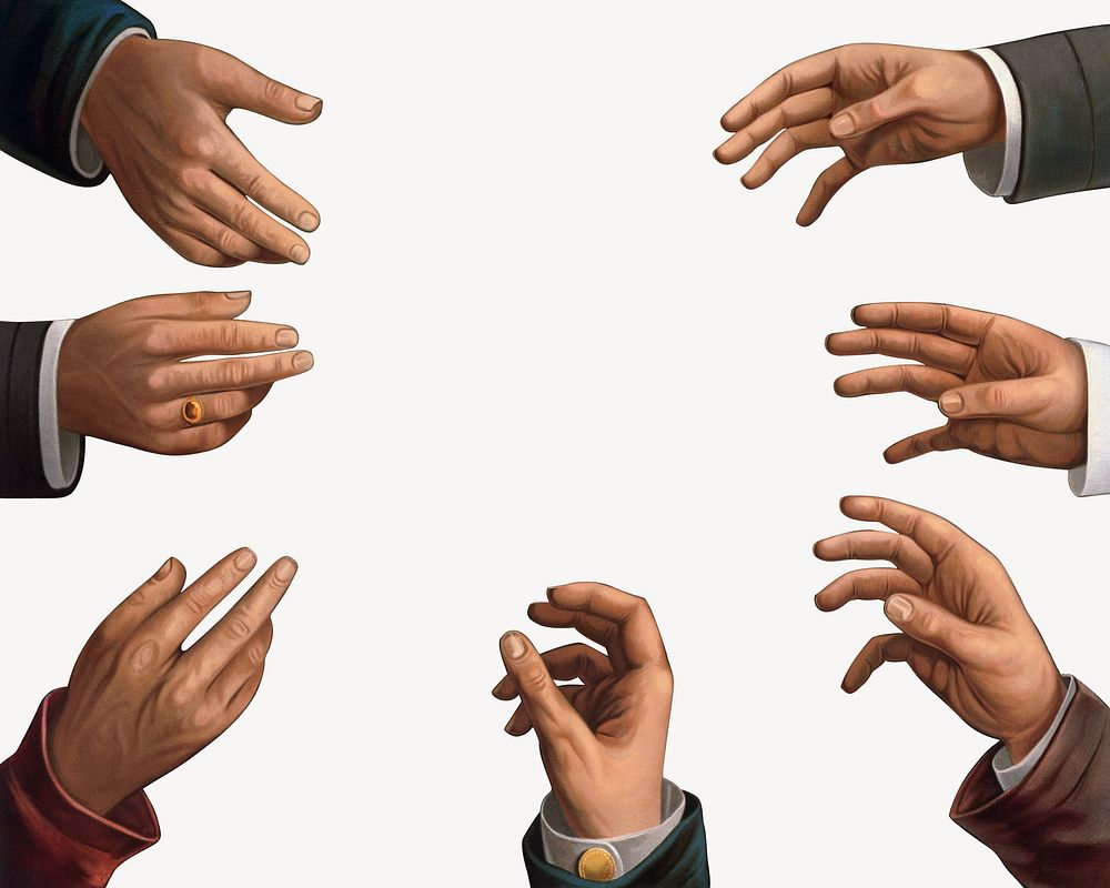 Seven male hands, vintage gesture illustration. Remixed by rawpixel.