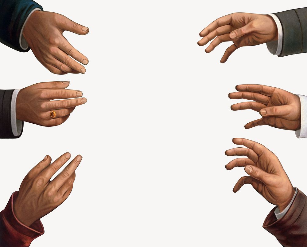 Seven male hands, vintage gesture illustration. Remixed by rawpixel.