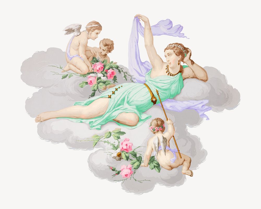 Goddess and cherubs on the cloud, vintage illustration. Remixed by rawpixel.