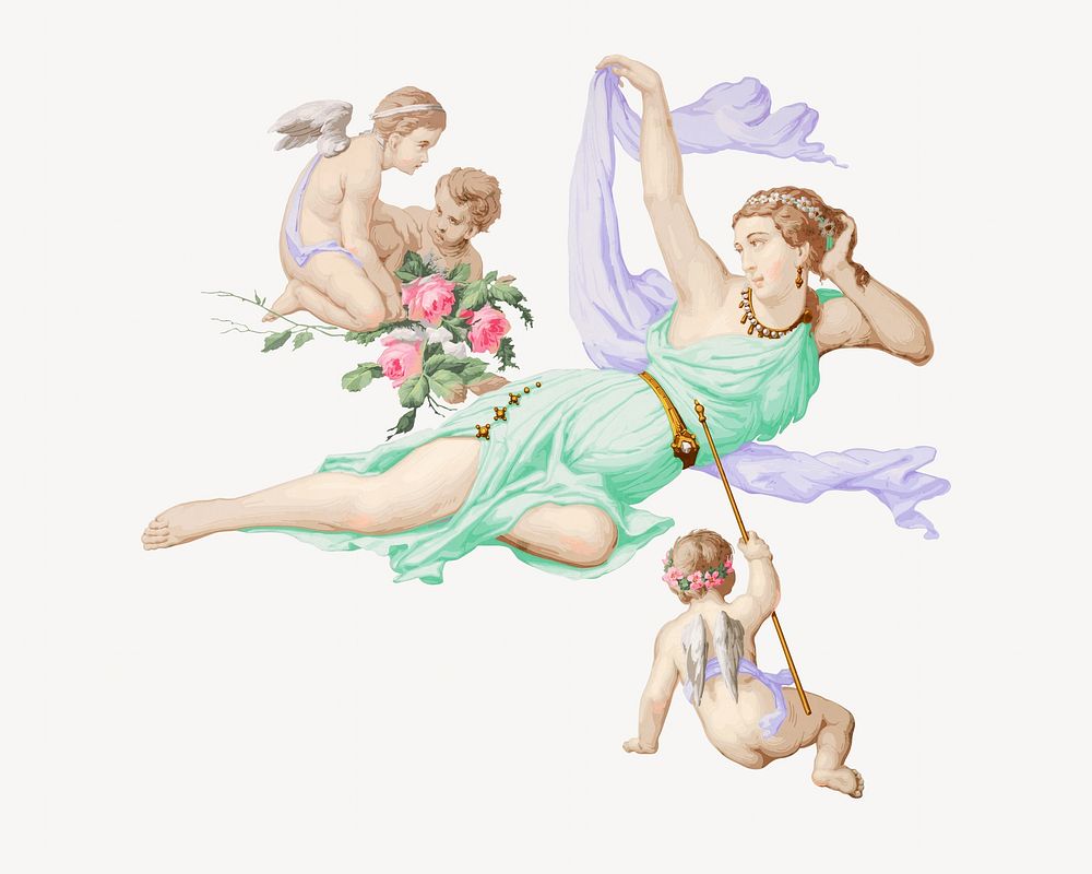 Goddess and cherubs on the cloud, vintage illustration. Remixed by rawpixel.