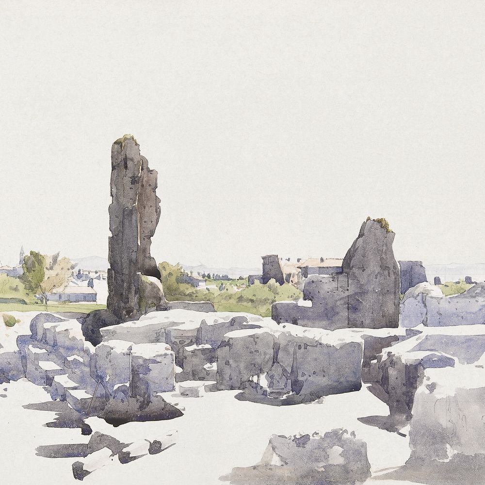 Italian ruins background, watercolor painting. Remixed from Henri Joseph Harpignies artwork, by rawpixel.