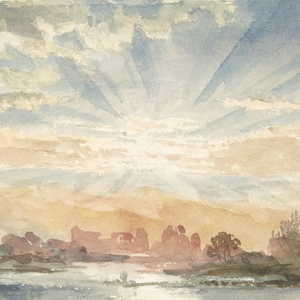 Rising sun landscape background, watercolor painting. Remixed from vintage artwork by rawpixel.